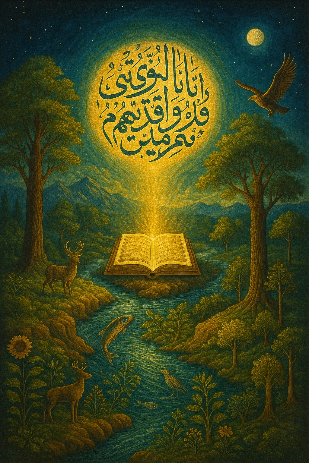 Ilustrasi konseptual tafsir ekologi transenden Surat Yasin ayat 12 — menggambarkan pancaran cahaya wahyu yang menghubungkan langit dan bumi, di mana seluruh alam semesta menjadi cermin kehidupan dan keseimbangan kosmik dalam pengetahuan Ilahi.